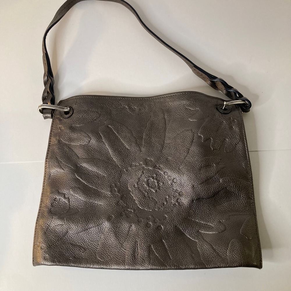 Womens Brighton Bronze Leather Embossed Flower Shoulder Bag E463708 9 x 11"